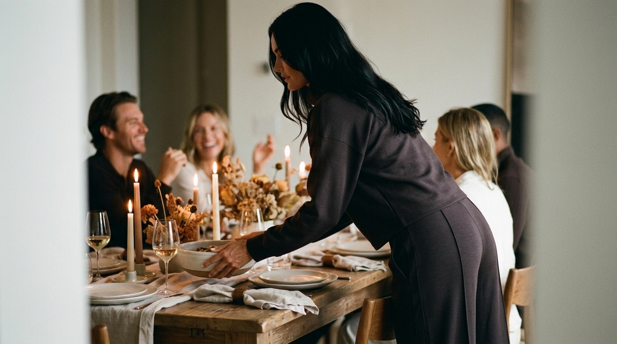 What to wear to a fall dinner party: a woman in a monochrome dark espresso Rhone DreamGlow mock neck and matching DreamGlow trouser setting a serving bowl on a candlelit dinner table