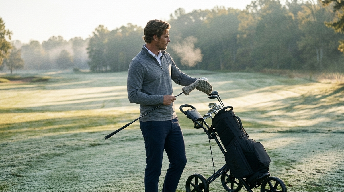 What to wear golfing in 50 degree weather: a man in a heather grey TravisMathew Heater Pro quarter-zip over a white polo and navy Rhone Commuter Pro trousers pulling the headcover off his driver beside a modern black golf bag on a frosty first tee at dawn