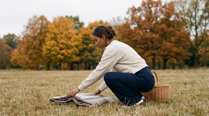 What to wear for fall family photos: a woman in a heather natural TravisMathew Cloud Terry crew and navy Rhone Revive trousers smoothing a wool blanket on an autumn meadow at a family photo session