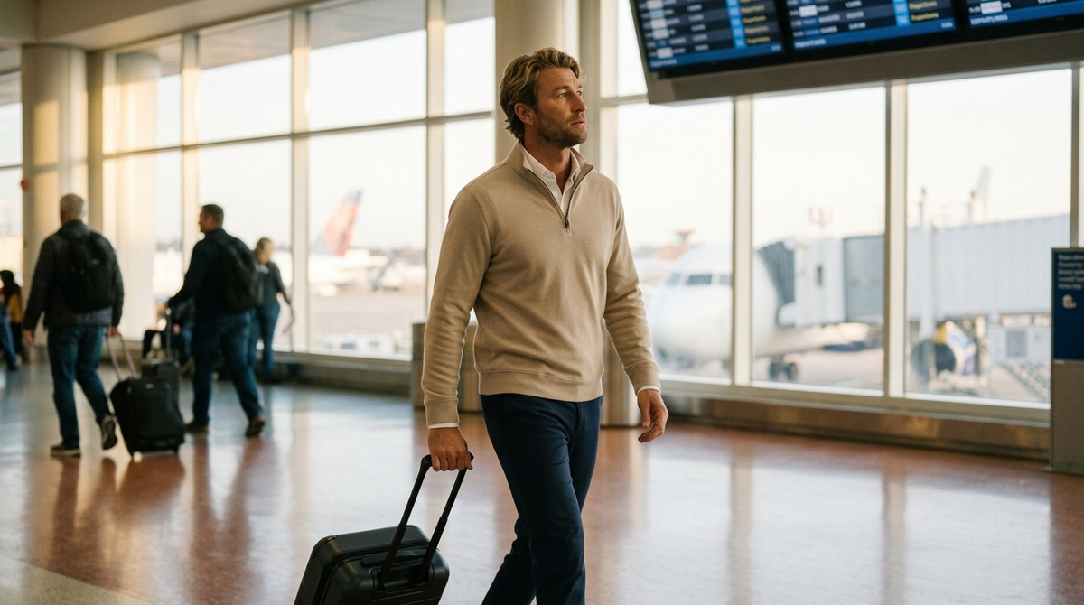 What to pack for a fall business trip: a man in a cream Cuts Hyperloop quarter-zip over a white collared shirt and navy Rhone Commuter Pro trousers pulling a single rolling carry-on through an airport terminal on an autumn morning