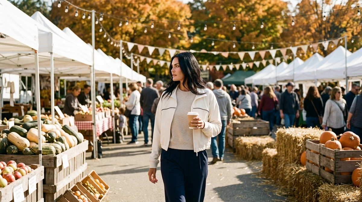 What to wear to a fall festival: a woman in a heather natural TravisMathew Cloud Terry crew under an open ecru Fore-te Nicole cropped jacket and navy Rhone Revive trousers walking past produce crates and pumpkins with a cider at an autumn harvest festival