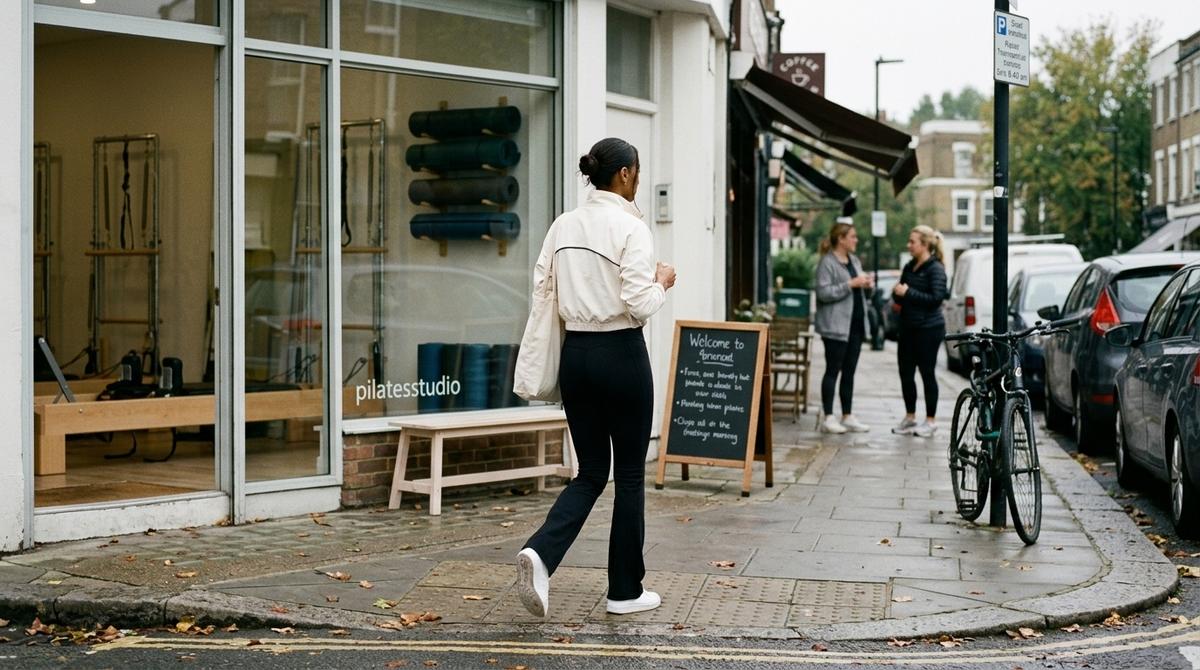 What to wear to Pilates in the fall: a woman in an ecru Fore-te Nicole Cropped Jacket and black Rhone Revive Flare Legging walking away from a neighborhood reformer studio on an overcast October morning