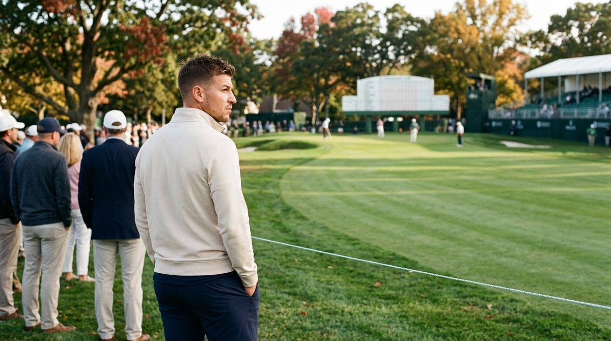 What to wear to the Presidents Cup: a man in a cream Cuts Hyperloop quarter-zip over a dark tee and navy Rhone Commuter Pro trousers watching play from behind the gallery ropes with a leaderboard and grandstand on an autumn championship golf course