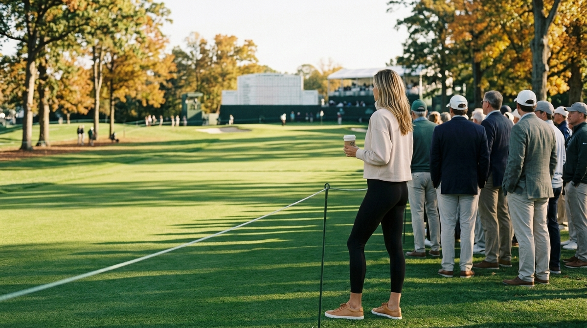 What to wear to the Presidents Cup: a woman in a sand Rhone DreamGlow mock neck, black Rhone Revive pocket leggings and tan leather sneakers watching play from behind the gallery ropes at an autumn championship golf course