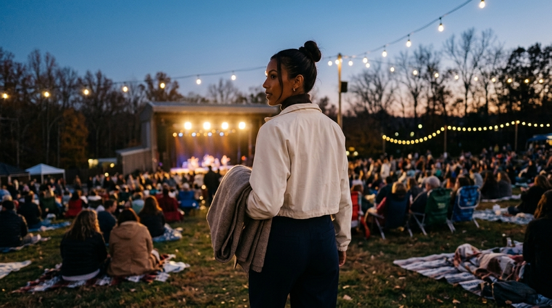 What to wear to an outdoor concert in the fall: a woman in a dark espresso Rhone DreamGlow mock neck under an ecru Fore-te Nicole cropped jacket and navy Rhone Revive trousers carrying a folded blanket on the amphitheater lawn at dusk