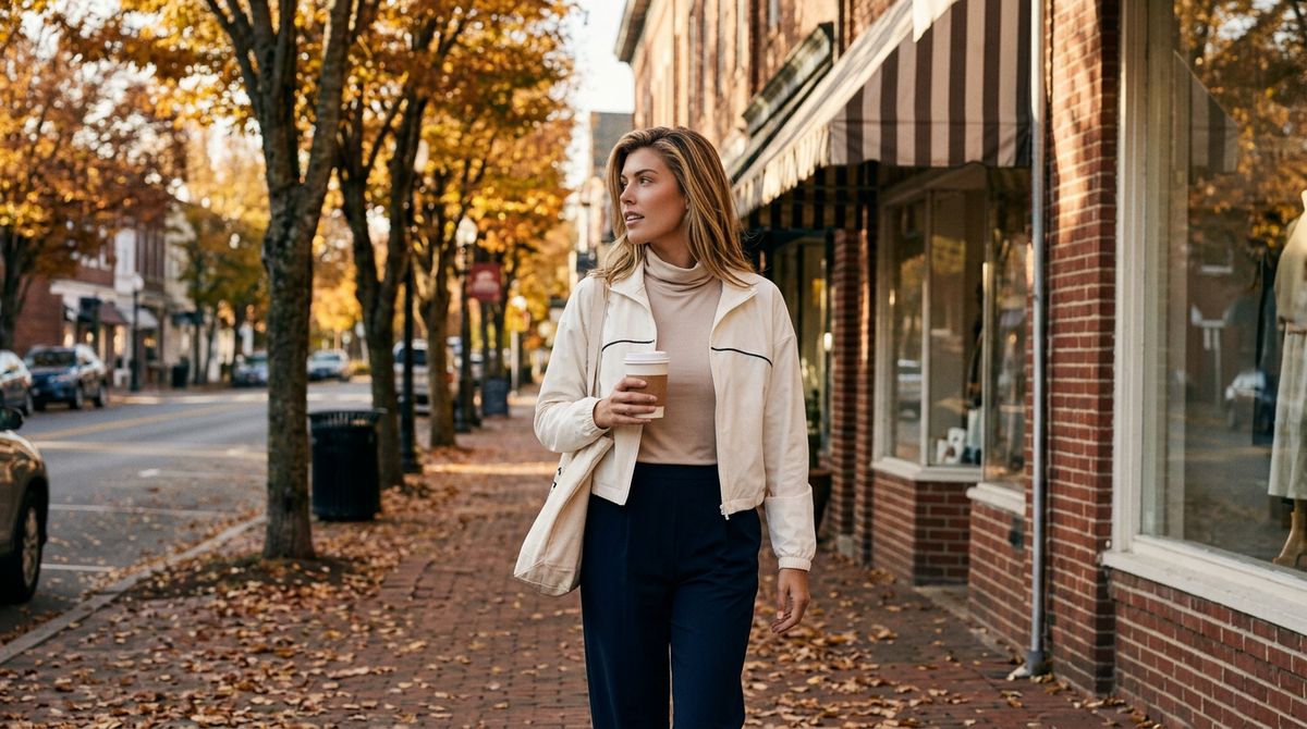 What to wear on a fall Saturday: a woman in a sand Rhone DreamGlow mock neck under an ecru Fore-te Nicole cropped jacket and navy Rhone Revive trousers walking a tree-lined brick main street with a coffee and tote on an autumn morning