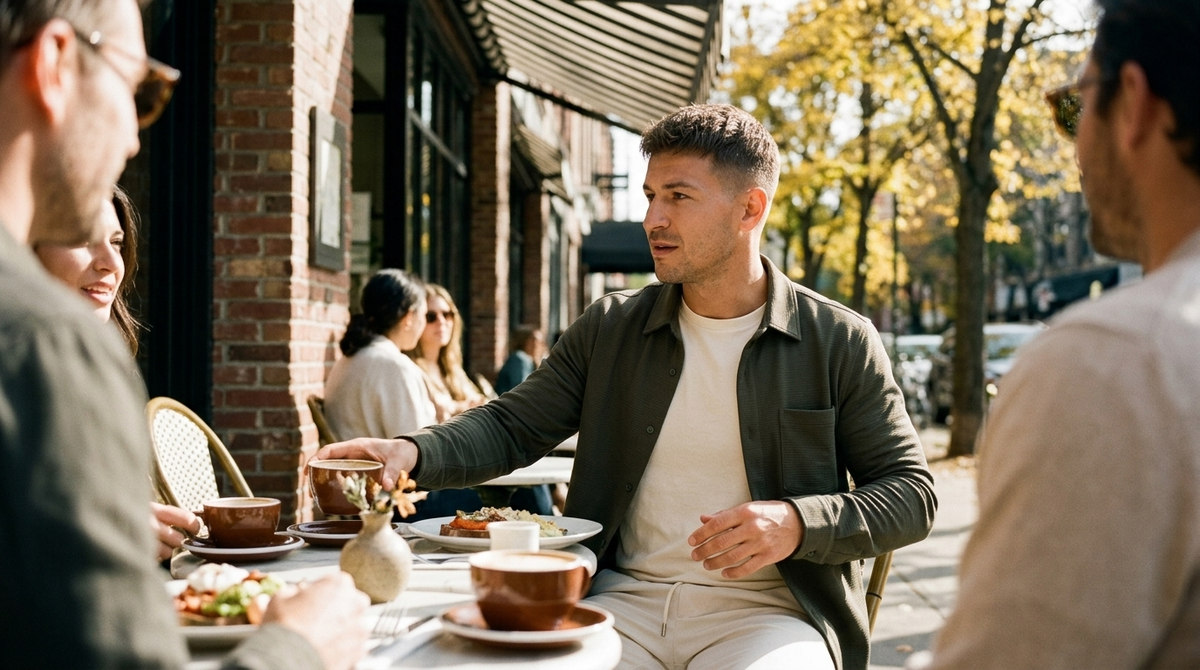 What to wear to a fall brunch men: a man in an open dark olive TravisMathew Heater shirt-jacket over a cream tee and oat Cuts SoHo trousers at a sunny cafe patio brunch table on an autumn morning
