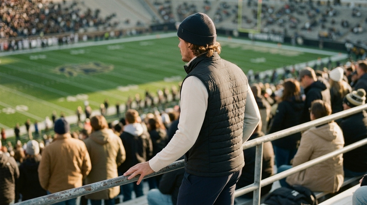What to wear to a fall football game men: a man in a cream Cuts Hyperloop quarter-zip under a black Greyson Yukon vest with navy Rhone Commuter Pro trousers and a beanie watching from the stadium stands on a cold autumn afternoon
