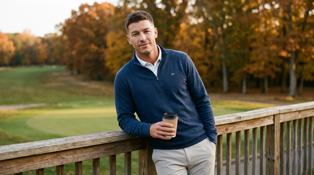 Men's quarter zip for fall: TravisMathew Cloud Quarter Zip 2.0 in heather blue worn over a white polo on a golf clubhouse deck