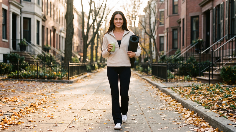 Women's half zip pullover for fall: TravisMathew Cloud Fleece 1/2 Zip with Rhone Revive Flare Leggings on a fall city sidewalk
