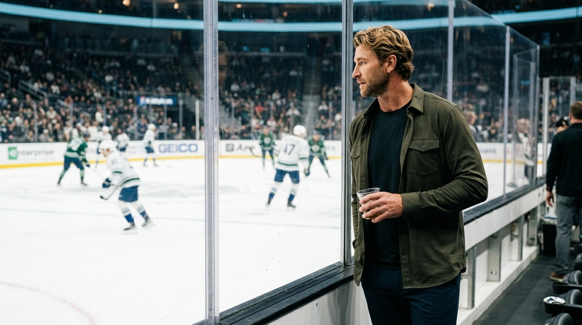 What to wear to a hockey game men: a man in an open dark olive TravisMathew Heater overshirt over a tee and navy Rhone Commuter Pro trousers standing at the rink glass with a drink watching players warm up