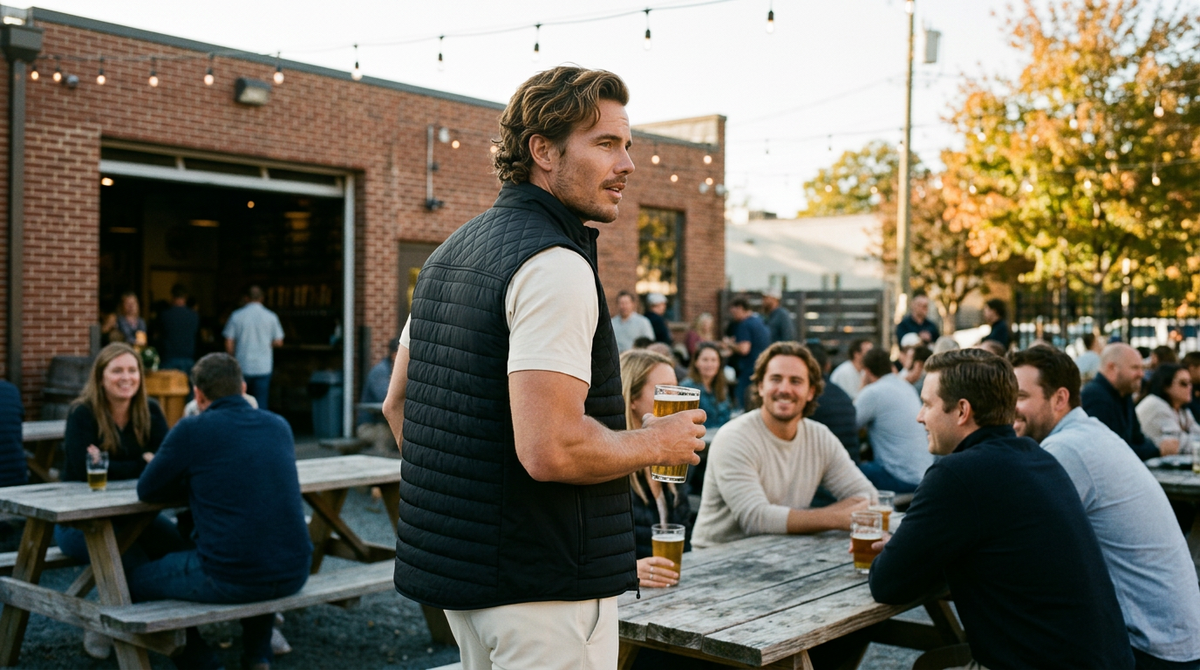 What to wear to a brewery in the fall men: a man in a black Greyson Yukon vest over a cream tee and oat Cuts SoHo trousers holding a pint at a brewery beer garden with picnic tables and string lights on an autumn afternoon