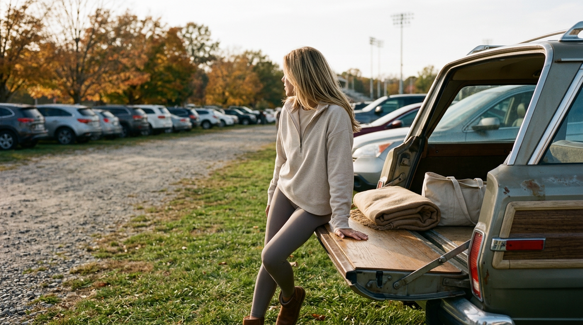 What to wear to a fall tailgate: a woman in a sand crew neck, heather natural half zip and taupe leggings leaning on a station wagon tailgate in a stadium parking lot