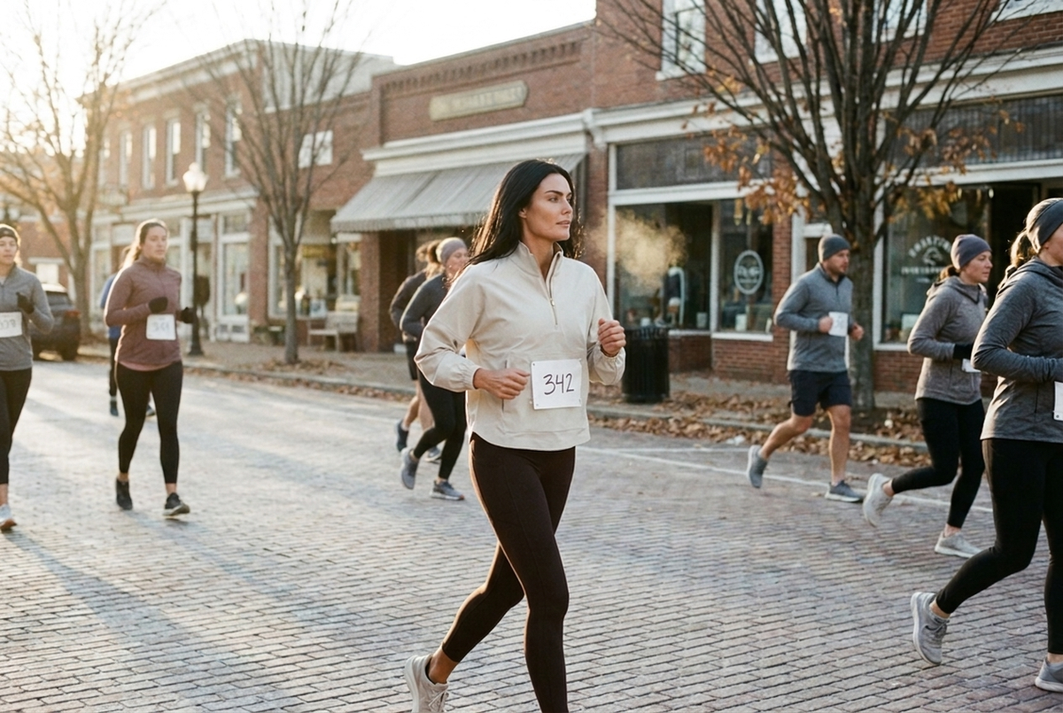 What to wear to a turkey trot: a woman in a sand Rhone Mirage Anorak and dark espresso Rhone Revive 7/8 Pocket Legging jogging with a race bib down a frosty brick main street on Thanksgiving morning, cast: Ava