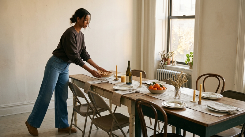 What to wear to Friendsgiving: a woman in a dark espresso Rhone DreamGlow Crew Neck and faded wide leg jeans setting a pie on a candlelit table in a sunny apartment