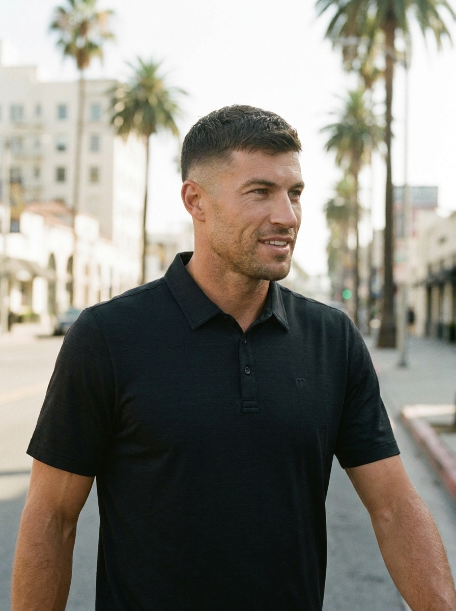 TravisMathew Heater Active Polo in black — golf dinner dress code