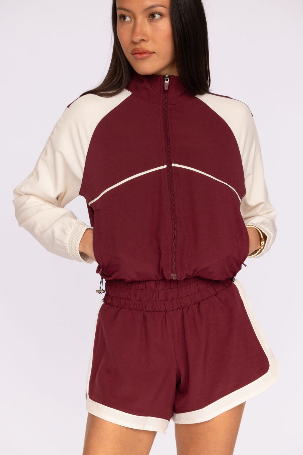 Fore-te Nicole Cropped Jacket in Burgundy + Ecru