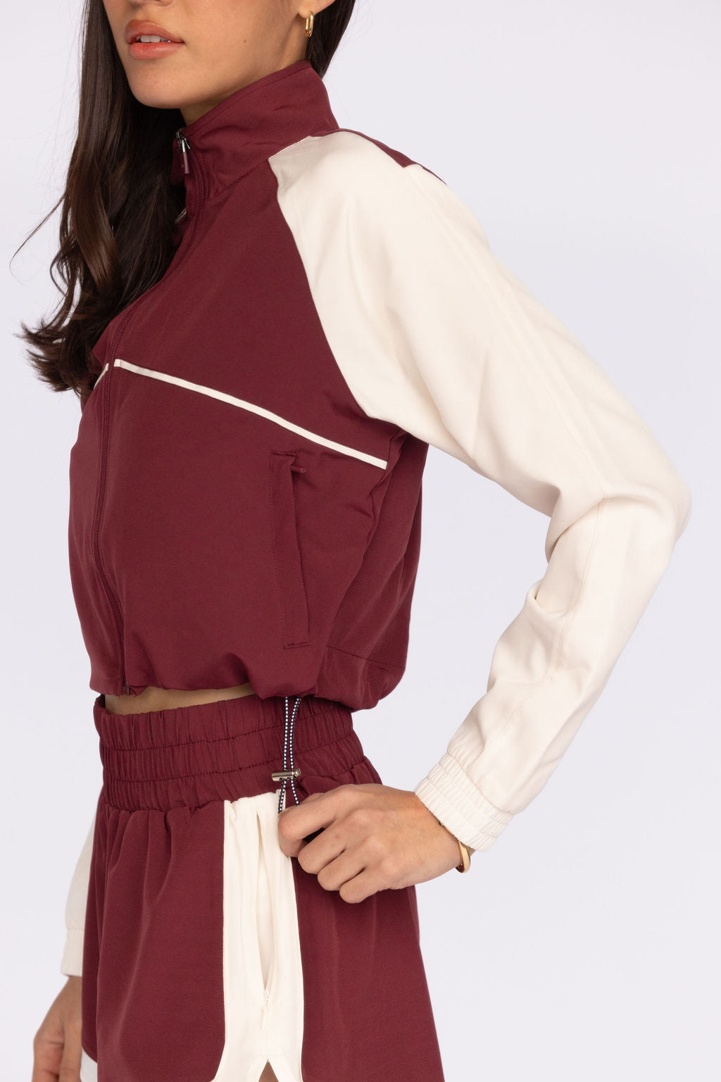 Fore-te Nicole Cropped Jacket in Burgundy + Ecru