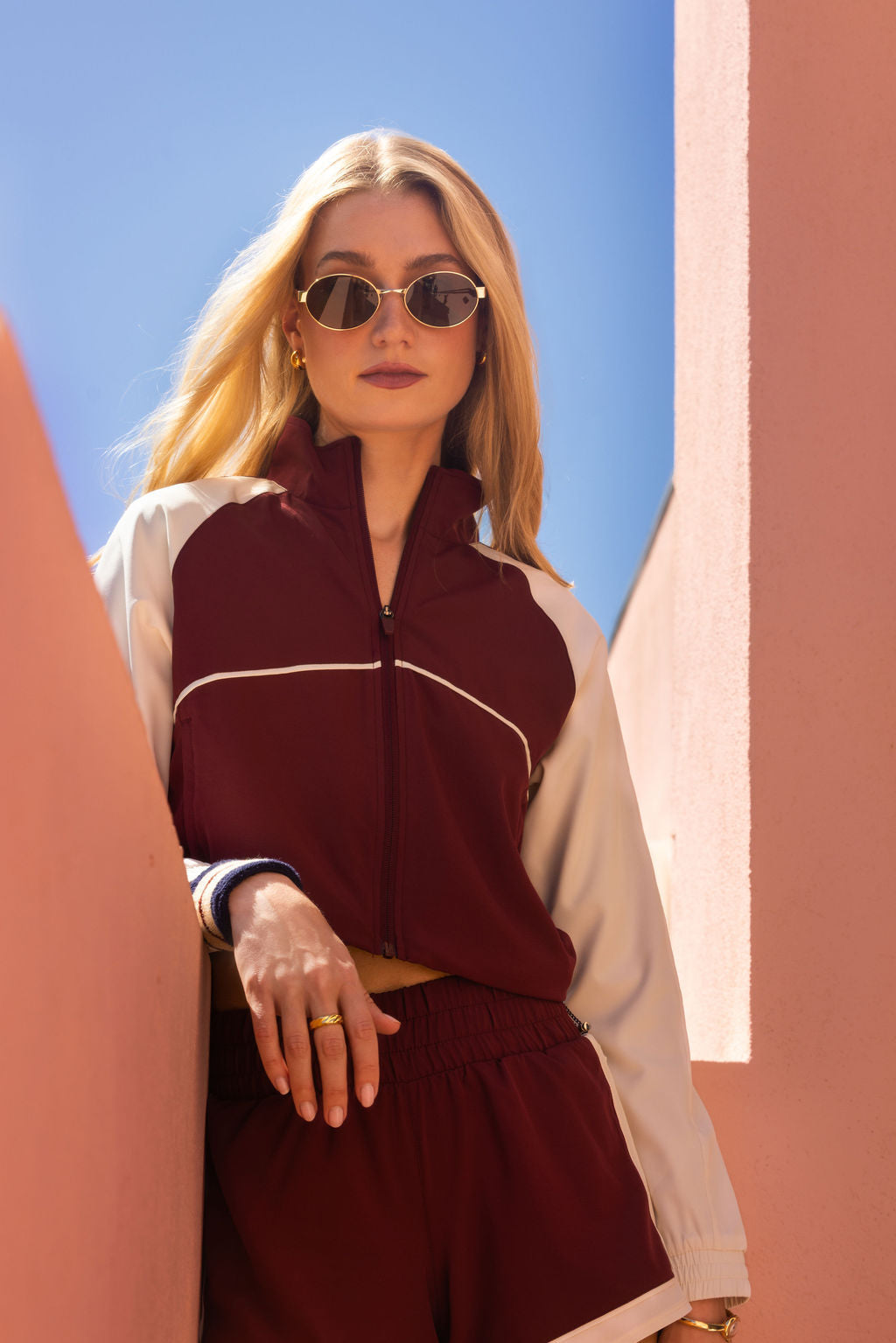 Fore-te Nicole Cropped Jacket in Burgundy + Ecru