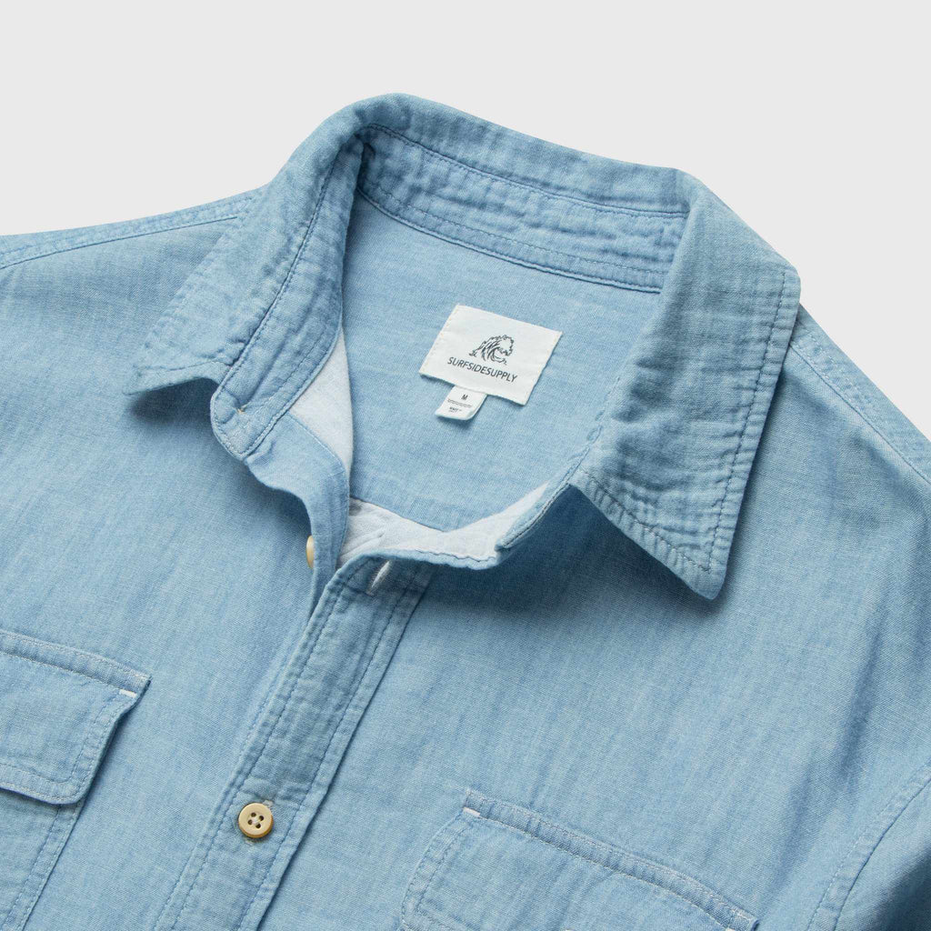 Surfside Supply Zhu Chambray Double Gauze 2-Pocket Shirt in Blue