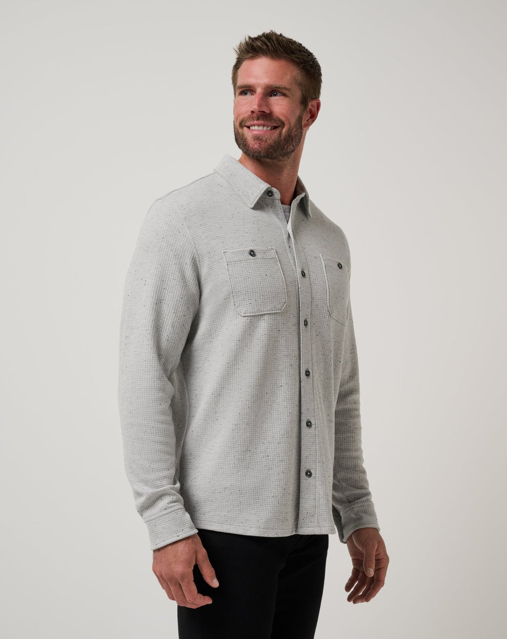 TravisMathew Cloud Waffle Shirt Jacket in Heather Light Grey