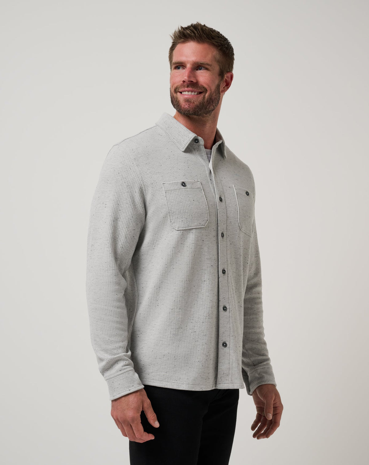 TravisMathew Cloud Waffle Shirt Jacket in Heather Light Grey