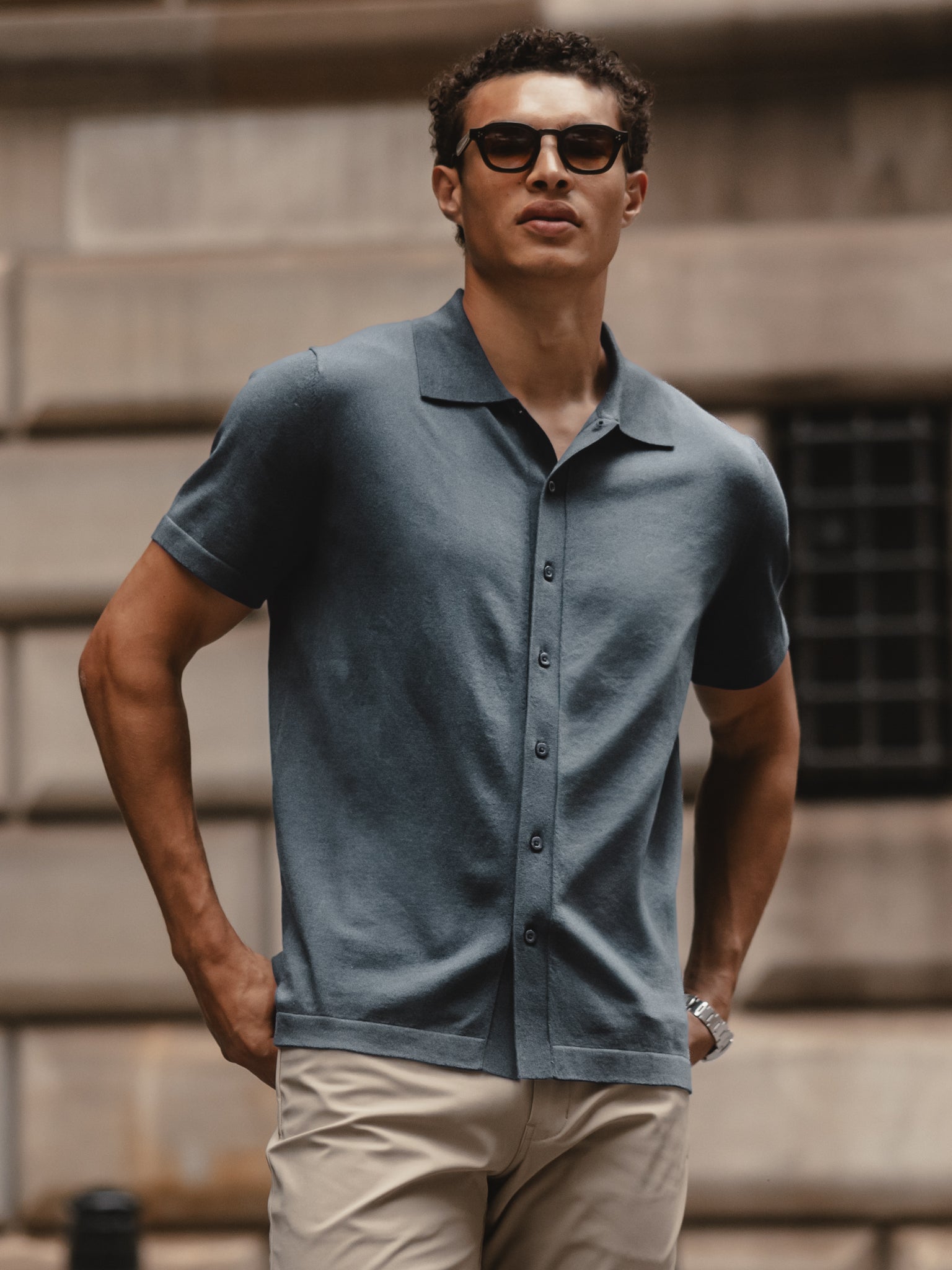 Cuts Riviera Knit Button Up in Naples Blue