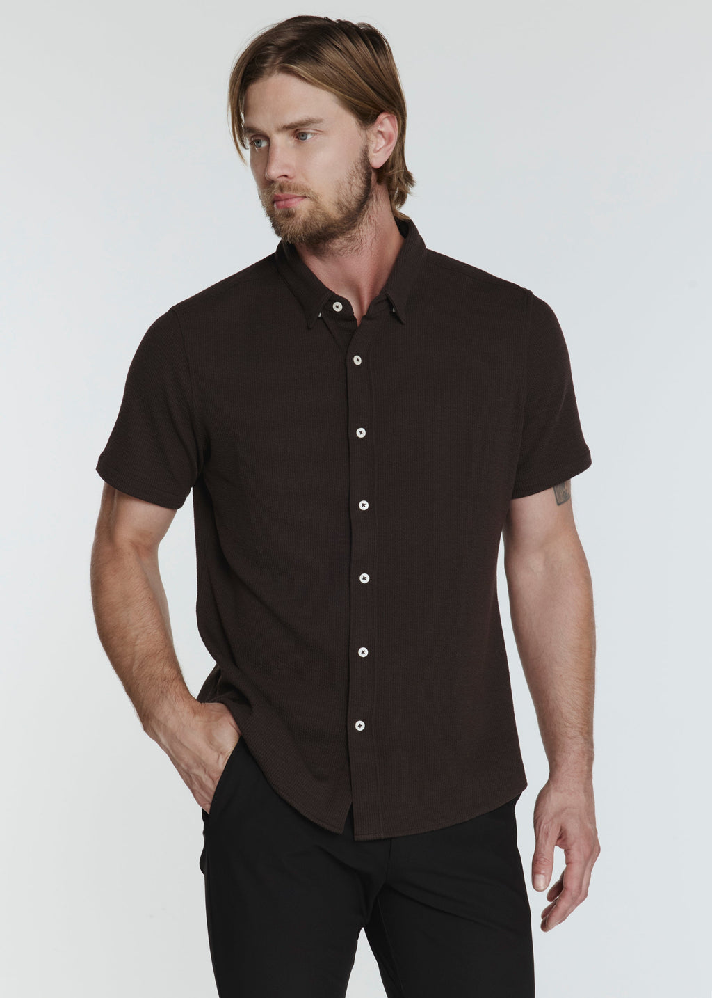 7 Diamonds Levine Short Sleeve Shirt in Walnut, three quarter view