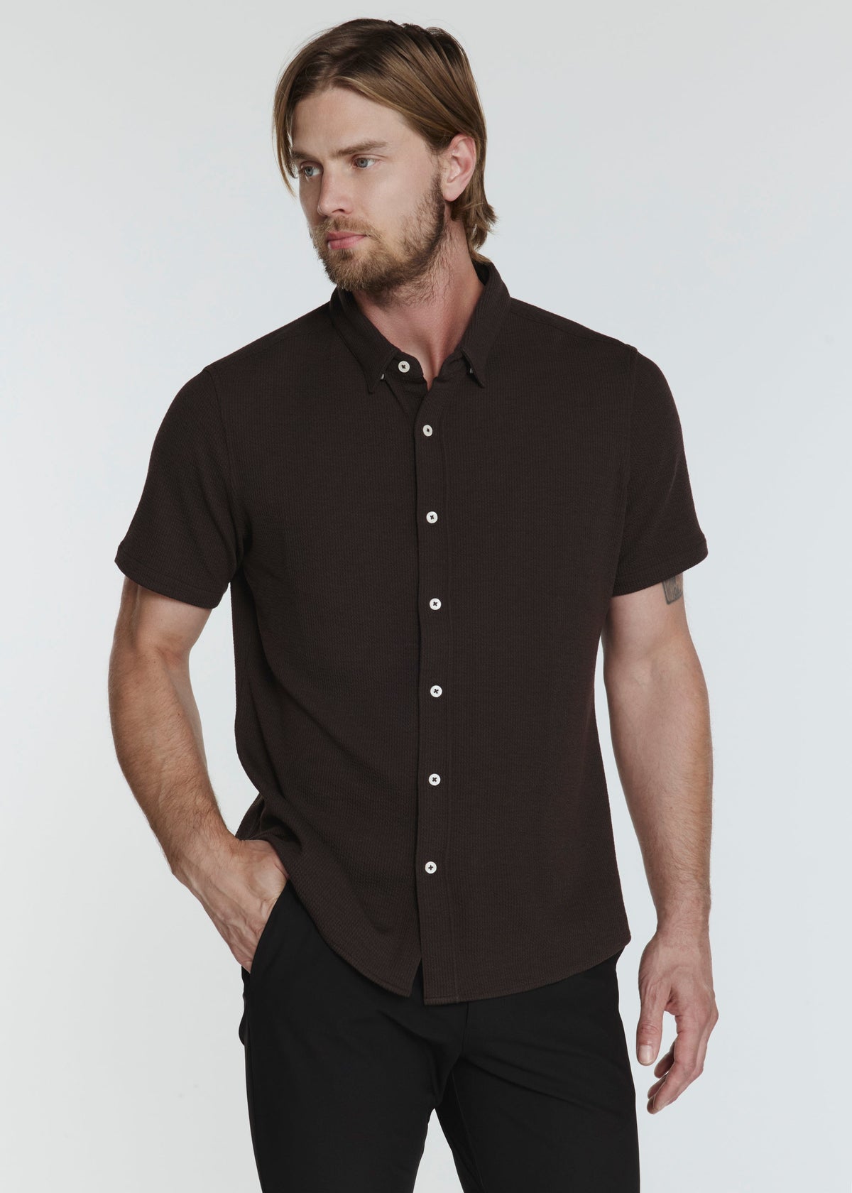 7 Diamonds Levine Short Sleeve Shirt in Walnut, three quarter view
