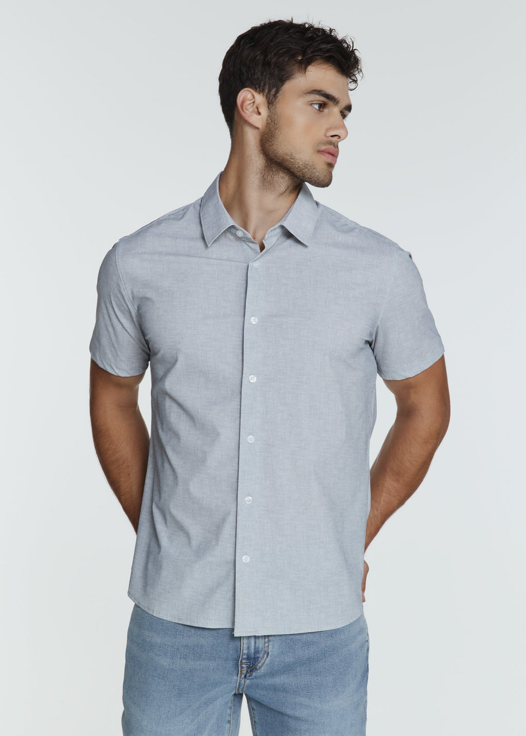 7 Diamonds Sayer Short Sleeve Shirt in Light Grey, three quarter view