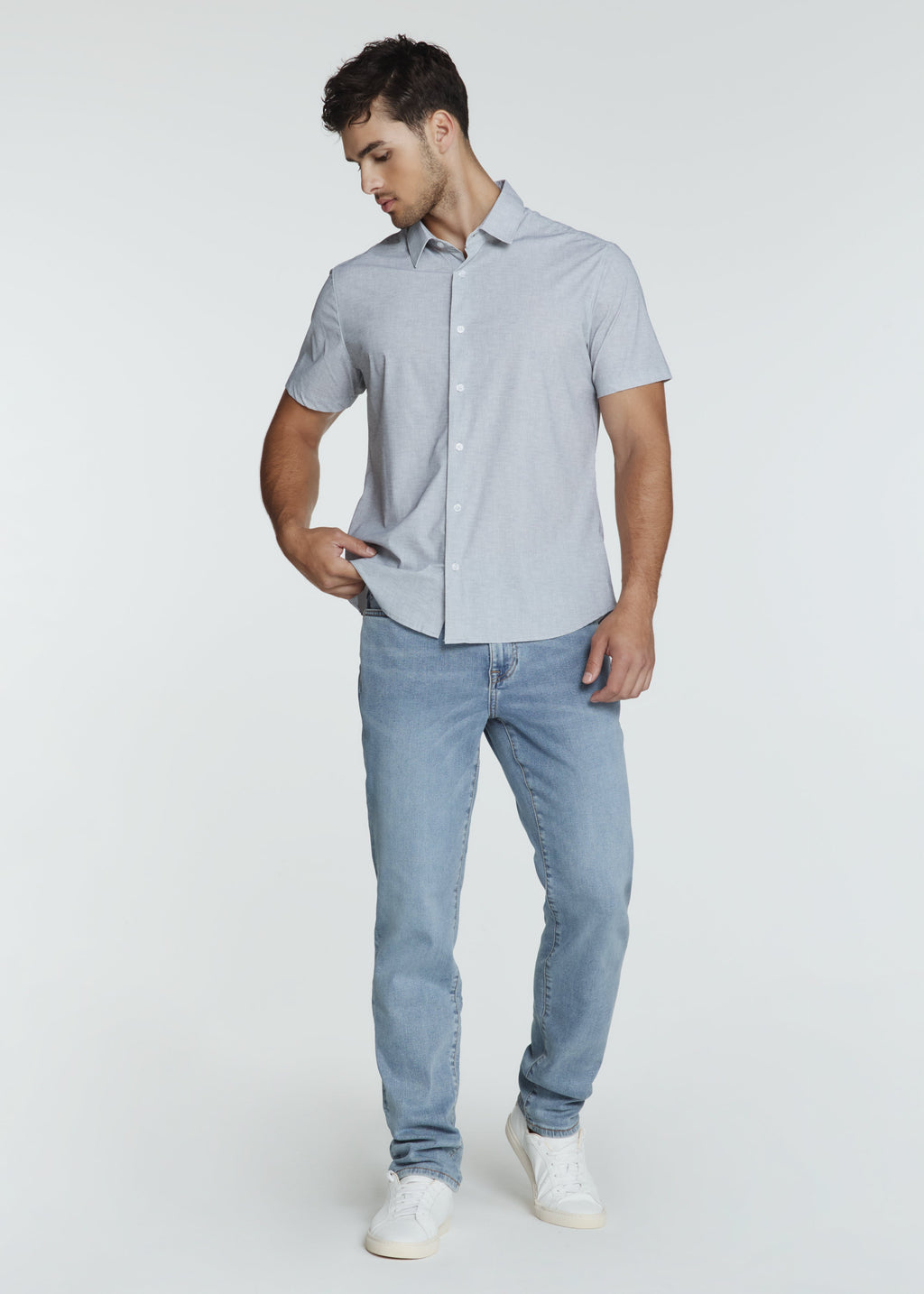 7 Diamonds Sayer Short Sleeve Shirt in Light Grey worn with light wash denim, full length