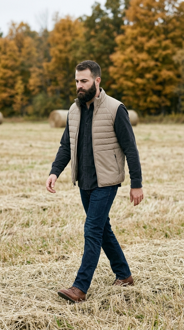 Door County — 7 Diamonds Atlas Vest in Clay, worn at the edge of a hay field in October