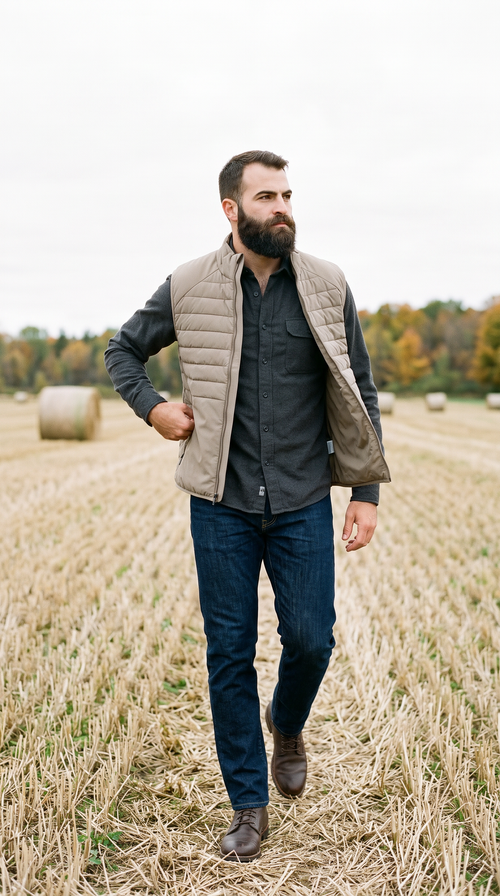 Door County — 7 Diamonds Atlas Vest in Clay worn open over a charcoal button-down with dark indigo denim, at the edge of a cut hay field in October