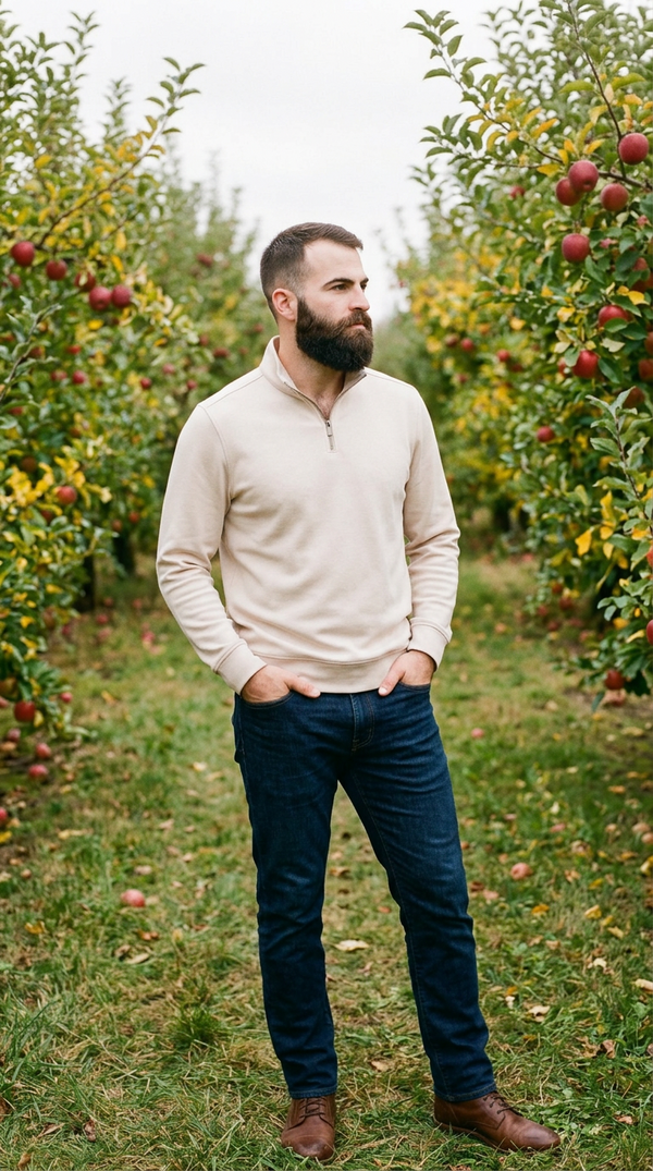 Door County — Cuts Hyperloop Q-Zip in Pure Cashmere, worn in an apple orchard in October