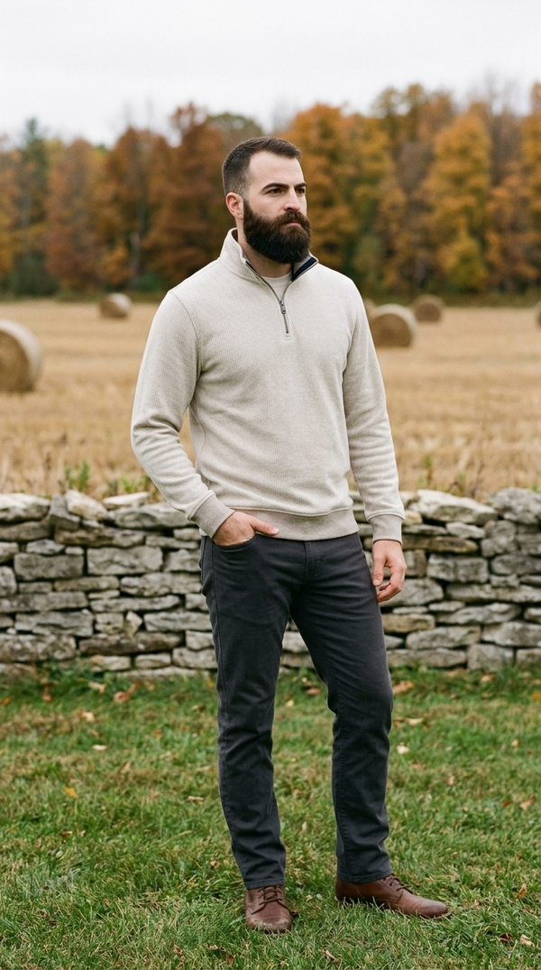Door County - Surfside Supply Bobby Micro Stripe 1/4 Zip in Taupe Heather, worn at a dry-stone wall beside a harvested hay field in October