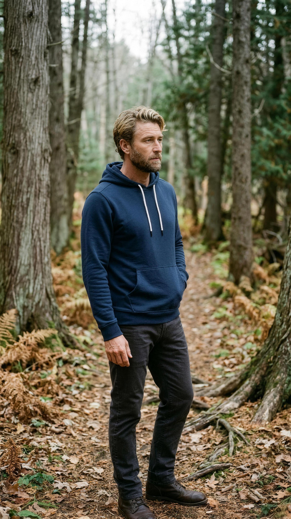 Surfside Supply Marine French Terry Hoodie in Navy Blazer with dark trousers on a cedar forest trail in Door County, Wisconsin, late October.
