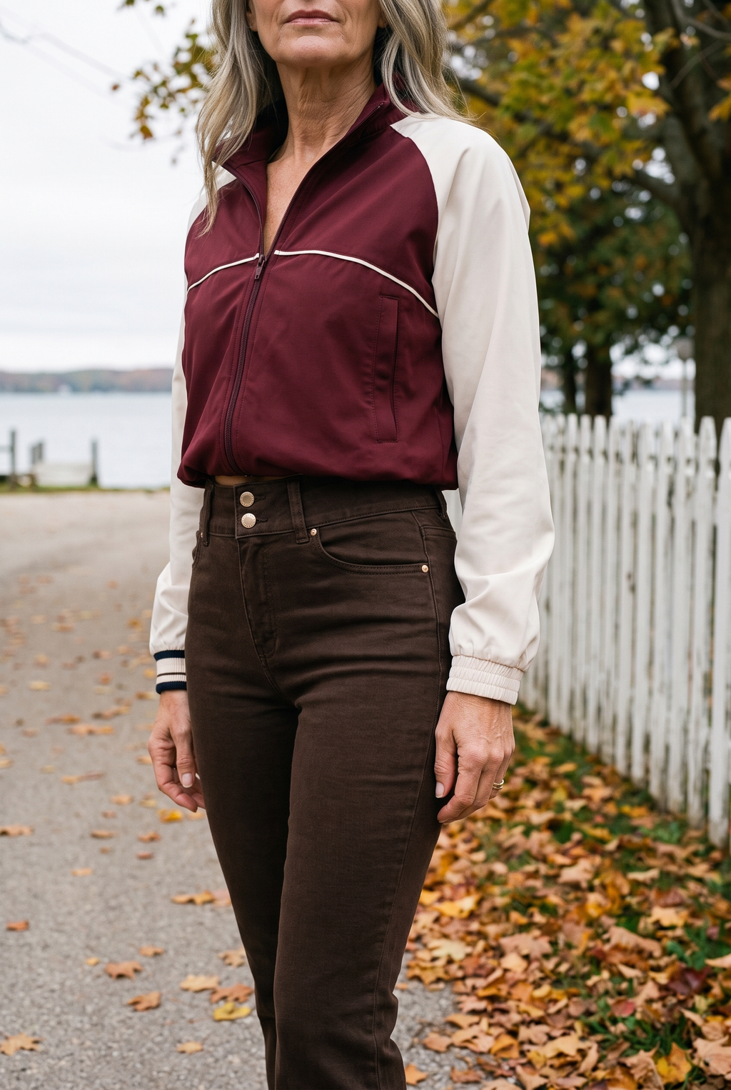 1822 Denim 30" Shapewear Fit & Lift Flare Jean in Espresso with the Fore-té Nicole Cropped Jacket in Burgundy + Ecru, Door County harbour lane