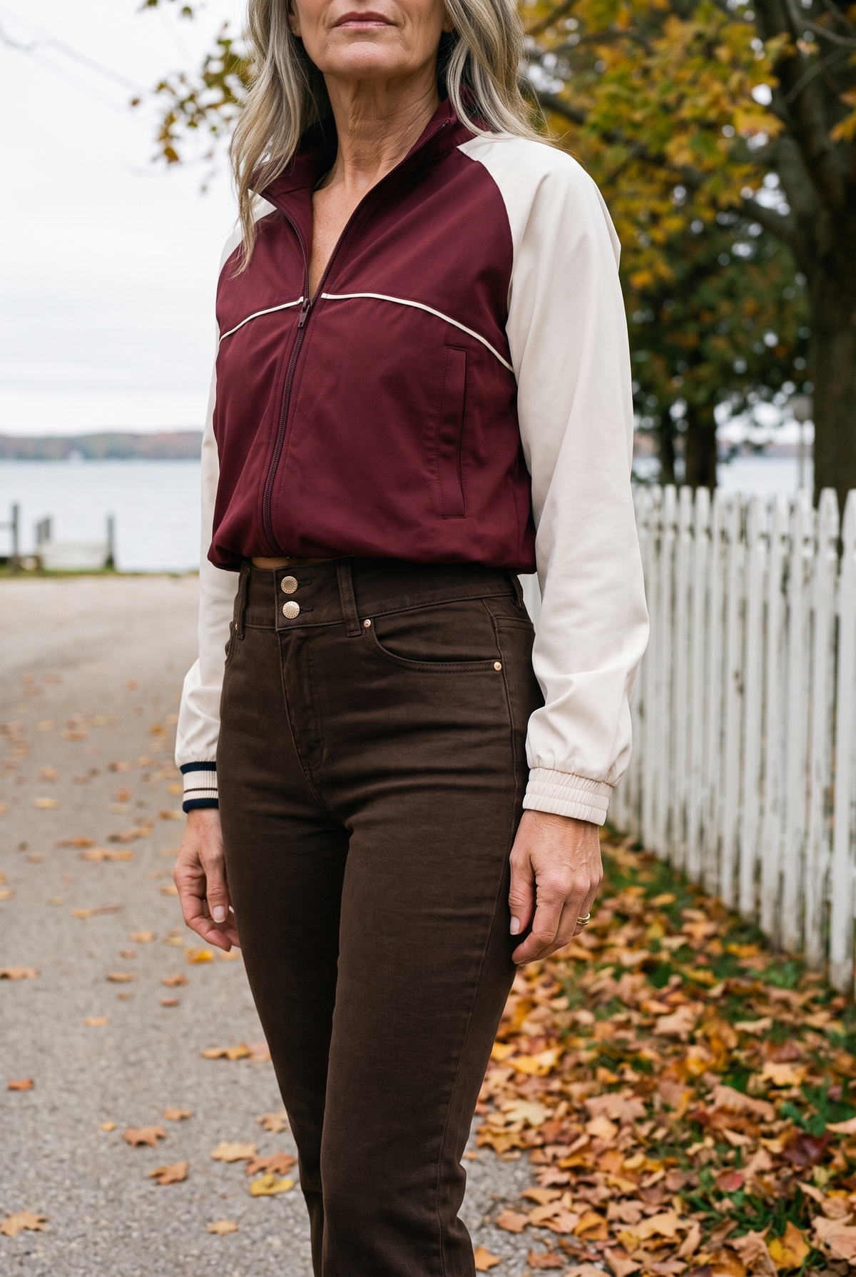 1822 Denim 30" Shapewear Fit & Lift Flare Jean in Espresso with the Fore-té Nicole Cropped Jacket in Burgundy + Ecru, Door County harbour lane