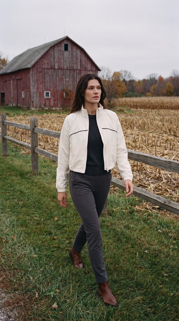 Door County — Fore-té Nicole Cropped Jacket in Ecru, worn open over a charcoal trouser with brown leather ankle boots, walking the grass track beside a split-rail fence with a red barn and cut corn behind.