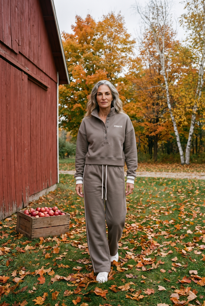 Fore-té Varsity Sweatshirt and Sweatpant in Olive, Door County apple orchard