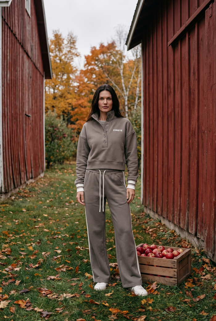 Fore-té Varsity Sweatshirt and Sweatpant in Olive, Door County apple orchard