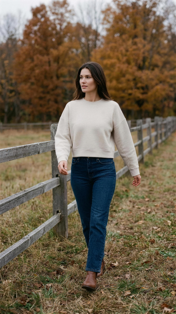 DreamGlow Crew Neck - Sand — Door County: the cropped sand crew worn with high-rise indigo denim, waistband visible below the hem band, walking a weathered wood split-rail fence line at the edge of a field