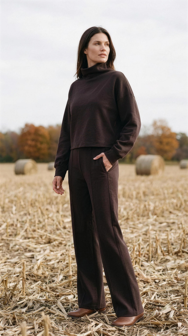 DreamGlow Mock Neck and Trouser - Dark Espresso — Door County: the matching espresso set, boxy funnel-neck knit over the wide-leg trouser with its pressed crease, standing in pale corn stubble with round bales beyond