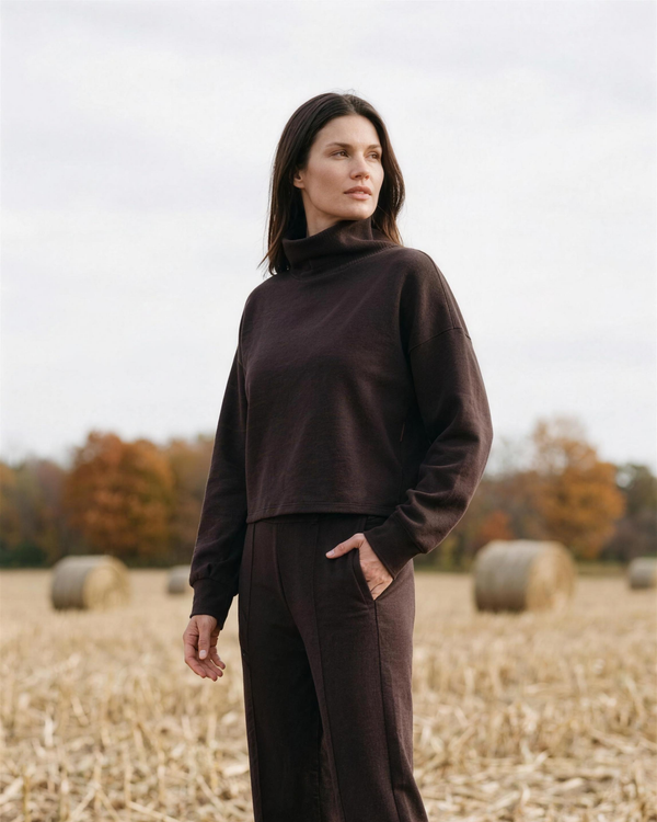 DreamGlow Mock Neck & DreamGlow Trouser in Dark Espresso, Door County hay field