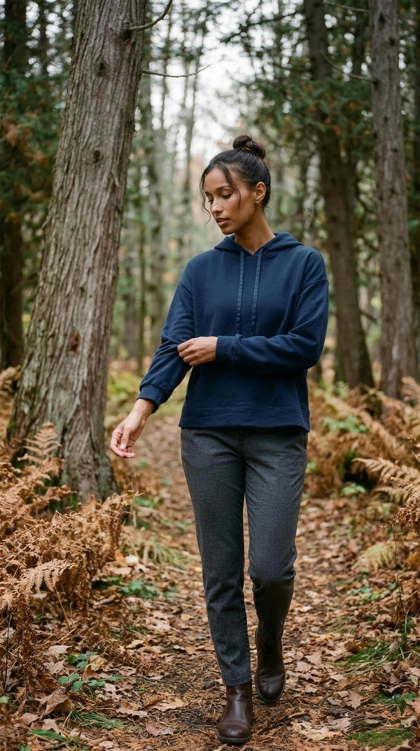 TravisMathew SkyLoft Soft Hood in Navy Blazer with charcoal trousers on a cedar forest trail in Door County, Wisconsin, late October.