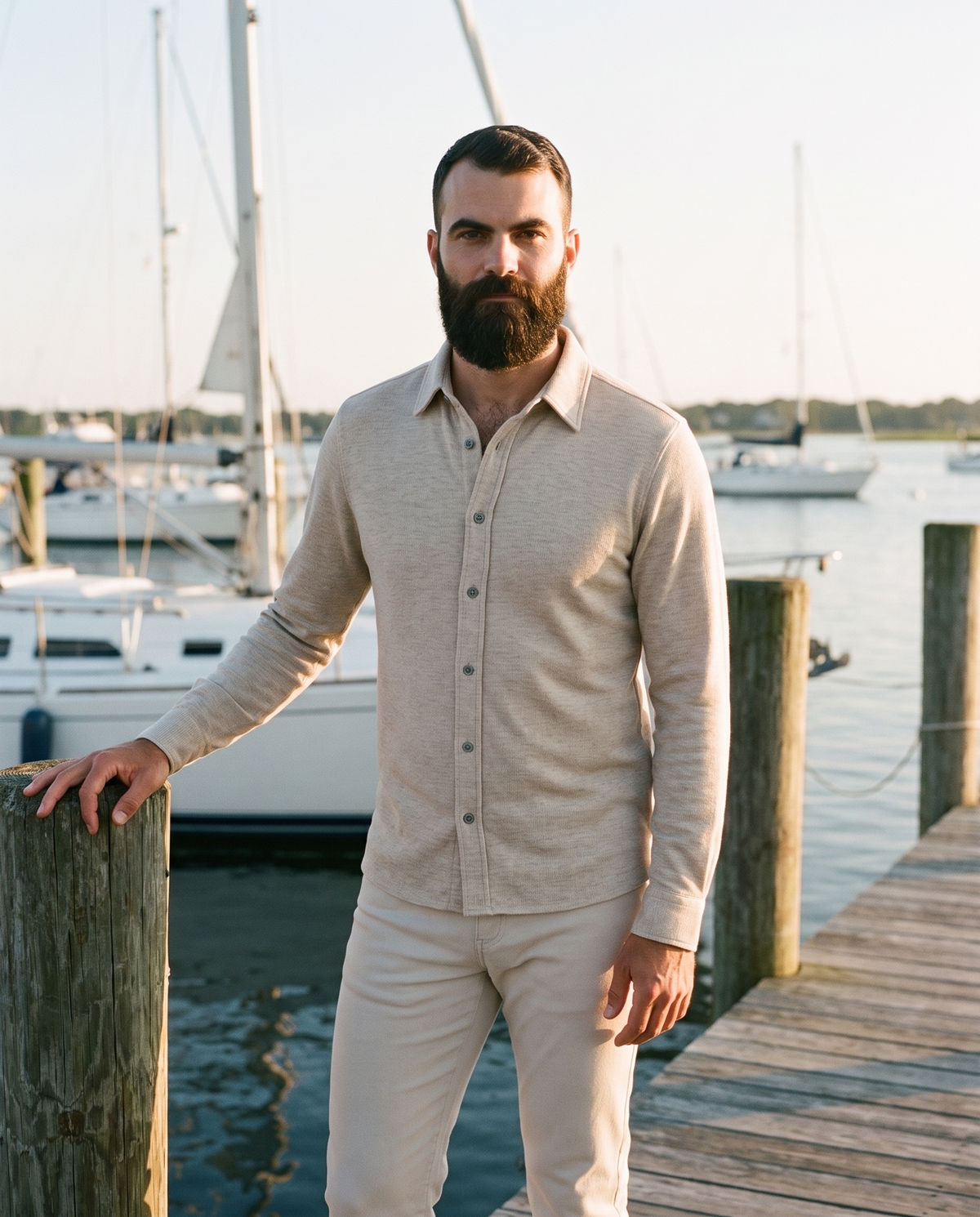 7 Diamonds Generation Heathered Knit Shirt in Beige on a Hamptons dock