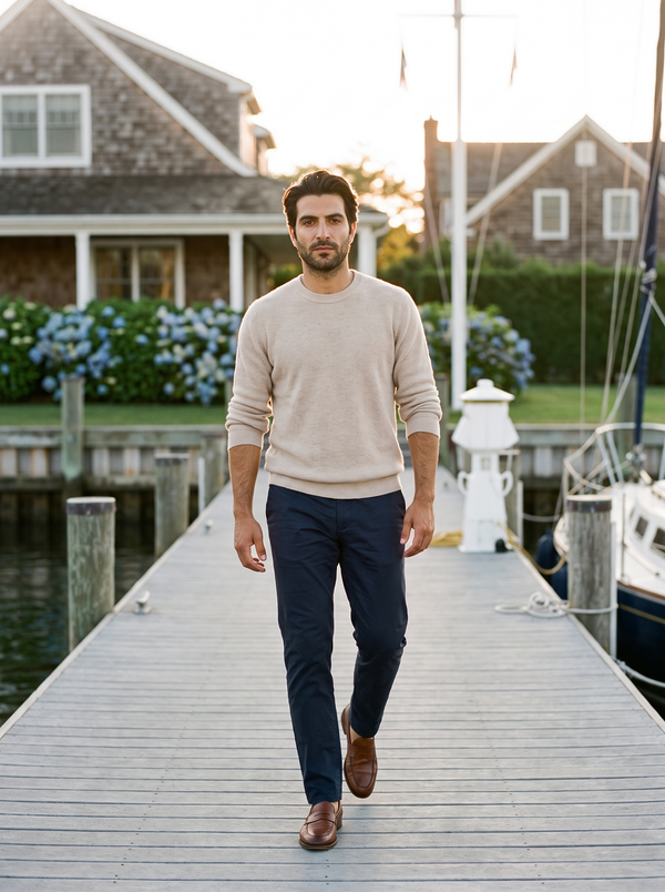 7 Diamonds Harrison Ribbed Sweater in Jasmine on a Hamptons yacht dock
