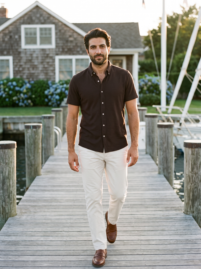 7 Diamonds Levine Short Sleeve Shirt in Walnut on a Hamptons yacht dock
