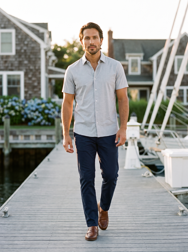 7 Diamonds Sayer Short Sleeve Shirt in Light Grey on a Hamptons yacht dock