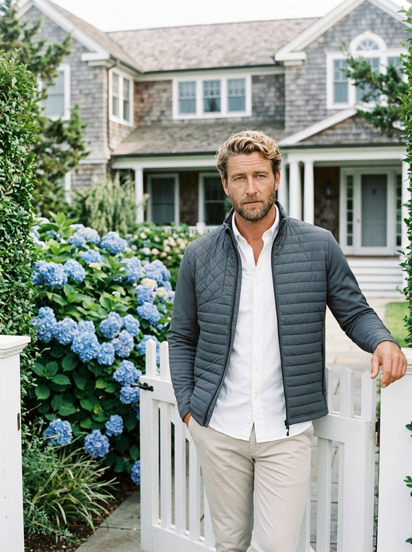 Man in the Greyson Yukon Hybrid jacket at a Hamptons garden gate